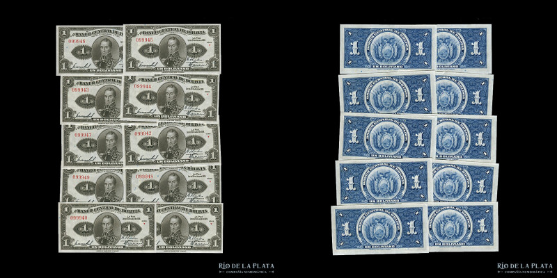 Bolivia. Banco Central. 10x1 Boliviano 1928 Consecutivos. Serie Y. Pick 119a (aU...