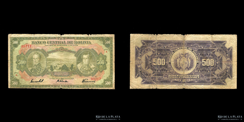 Bolivia. Banco Central. 500 Bolivianos 1928. Serie A. Firma manuscrita. Impresos...