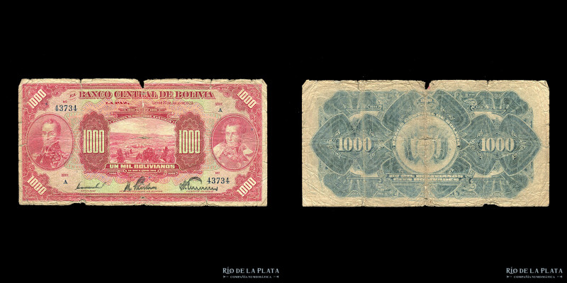 Bolivia. Banco Central. 1000 Bolivianos 1928. Serie A. Firma manuscrita. Impreso...