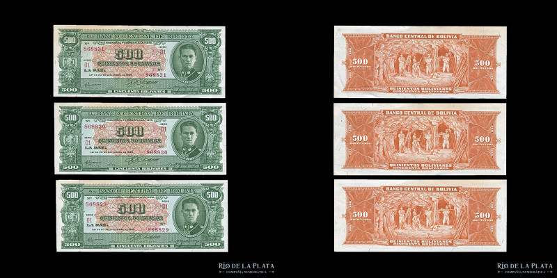 Bolivia. Banco Central. 3x 500 Bolivianos 1945 consecutivos. Serie D1. Impresos ...