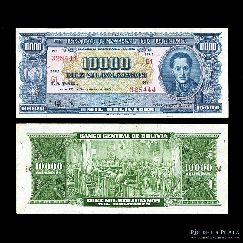 Bolivia. Banco Central. 10.000 Bolivianos 1951. Serie roja G1. Impreso en TDLR. ...