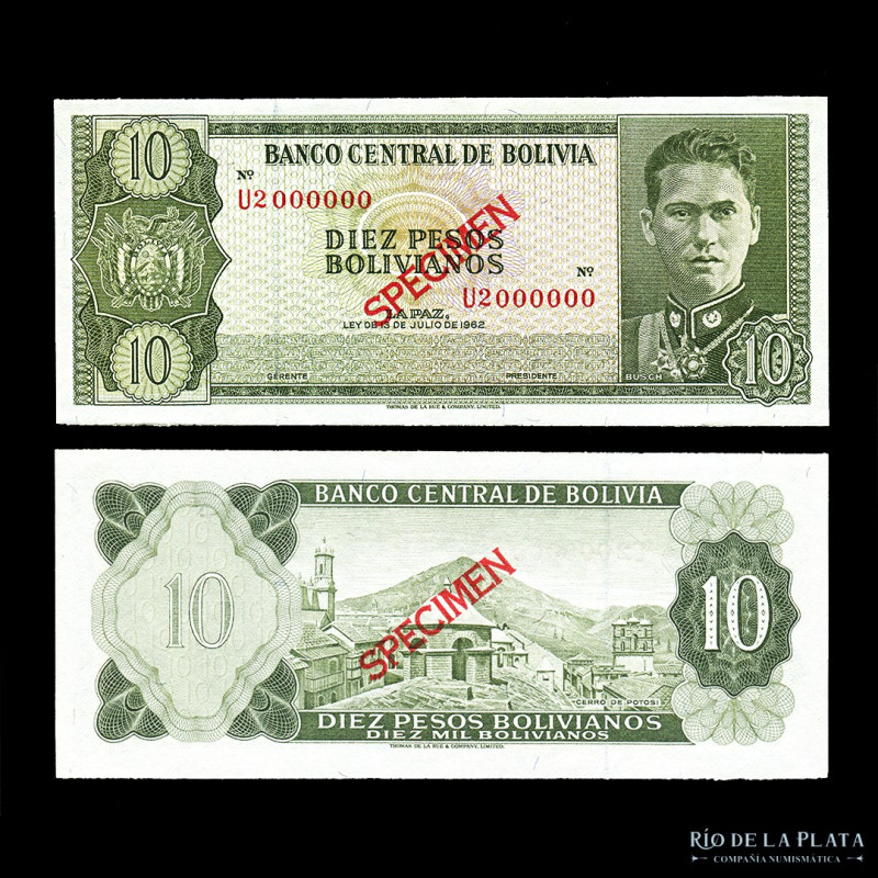 Bolivia. Banco Central. Specimen 10 Pesos Bolivianos 1962. Serie roja U2. Sello ...