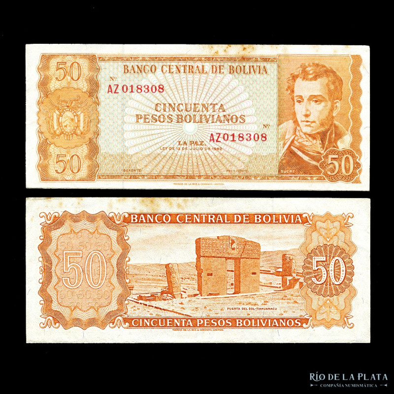 Bolivia. Banco Central. Error 50 Pesos Bolivianos 1962. Sin Firmas. Serie roja A...