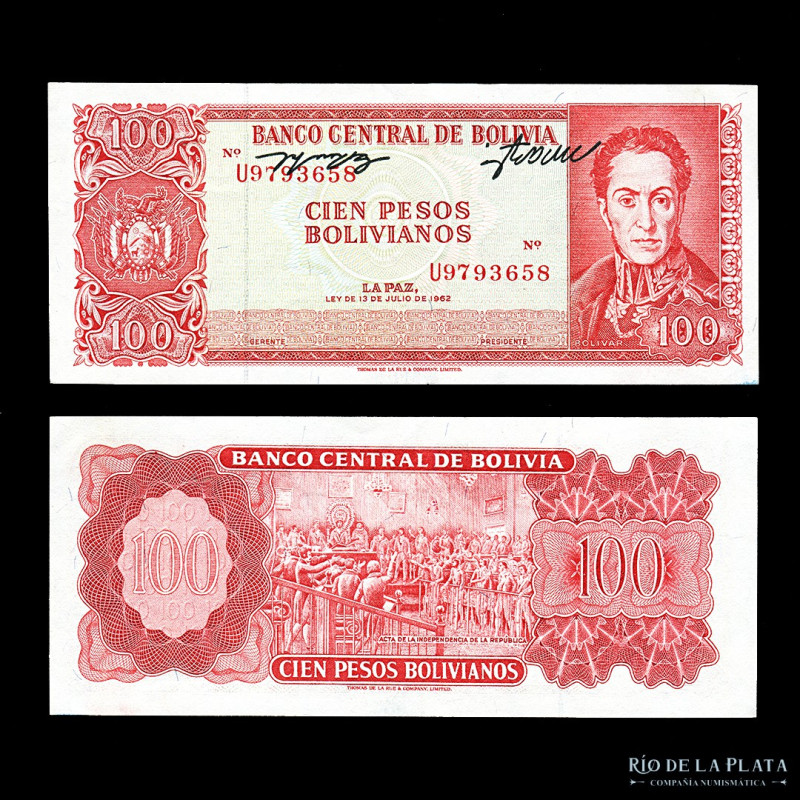 Bolivia. Banco Central. Error 100 Pesos Bolivianos 1962. Firmas al revés, arriba...