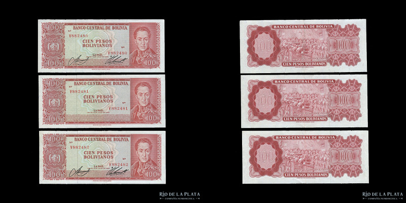 Bolivia. Banco Central. Error 100 Pesos Bolivianos 1962. Tres billetes consecuti...
