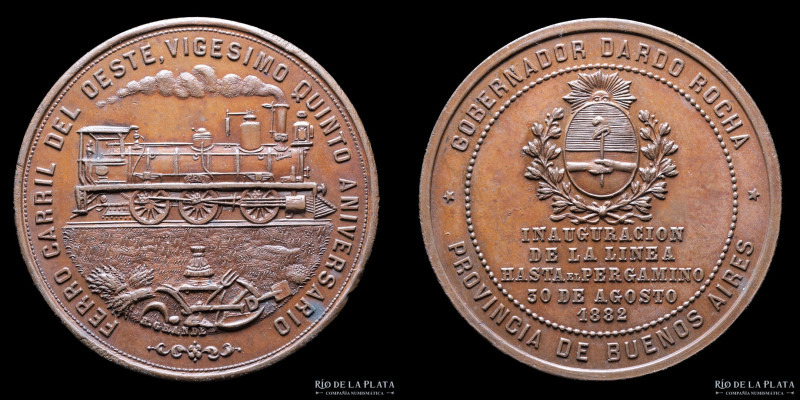 Buenos Aires. Ferrocarril Pergamino 1882. Grabador Rosario Grande. Cobre; 40.5mm...
