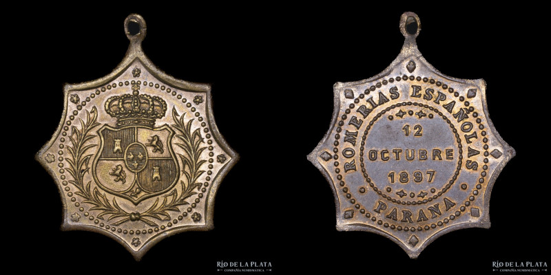 Argentina. Romerias Españolas. Paraná. Entre Rios. 1897. Cobre dorado; 30mm; 7.1...