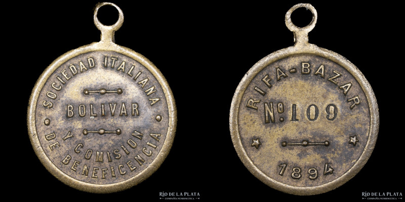 Argentina. 1894. Sociedad Italiana de Bolivar. Rifa-Bazar. Número punzonado. Gra...