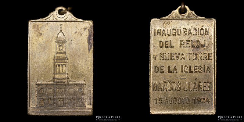 Argentina. Inauguración del reloj y nueva torre de la iglesia. Marcos Juarez 192...