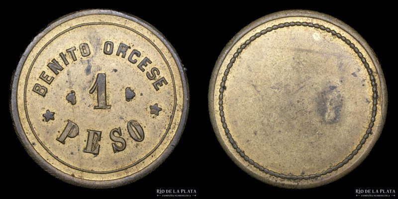 Argentina. Ficha. 1 Peso. Benito Orcese. Bronce; 28mm; 8.19g. (XF)
Estimate: US...