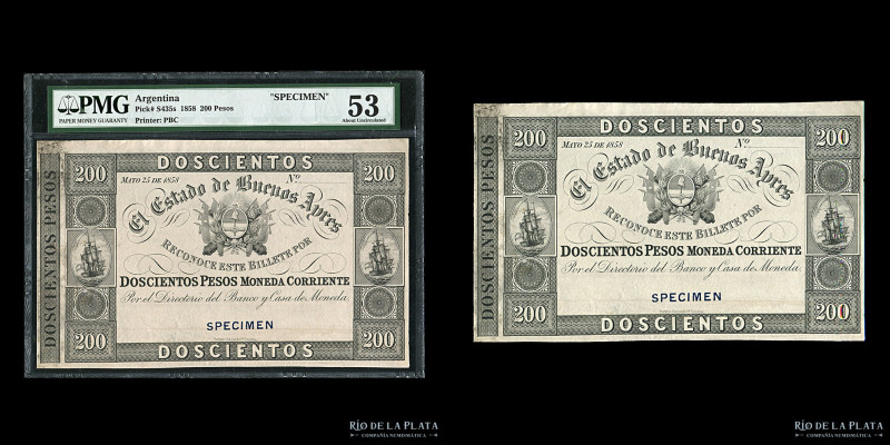 Argentina. Estado de Buenos Aires. Specimen 200 Pesos 1858. Pick S435; Bauman BA...