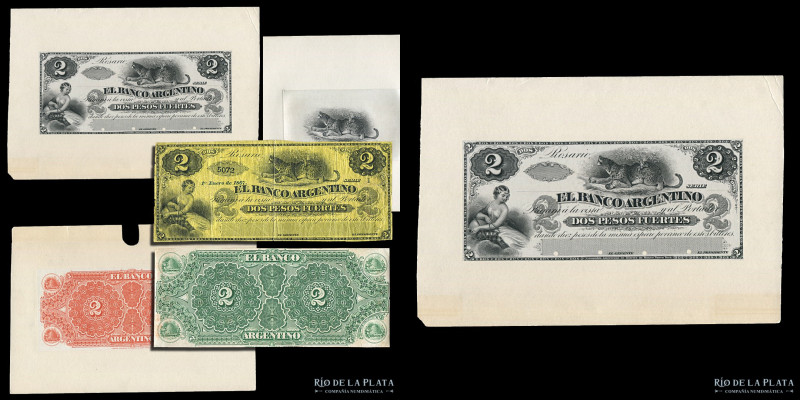 Argentina. Santa Fe. El Banco Argentino. 2 Pesos 1869, junto a 2 Pruebas de anve...
