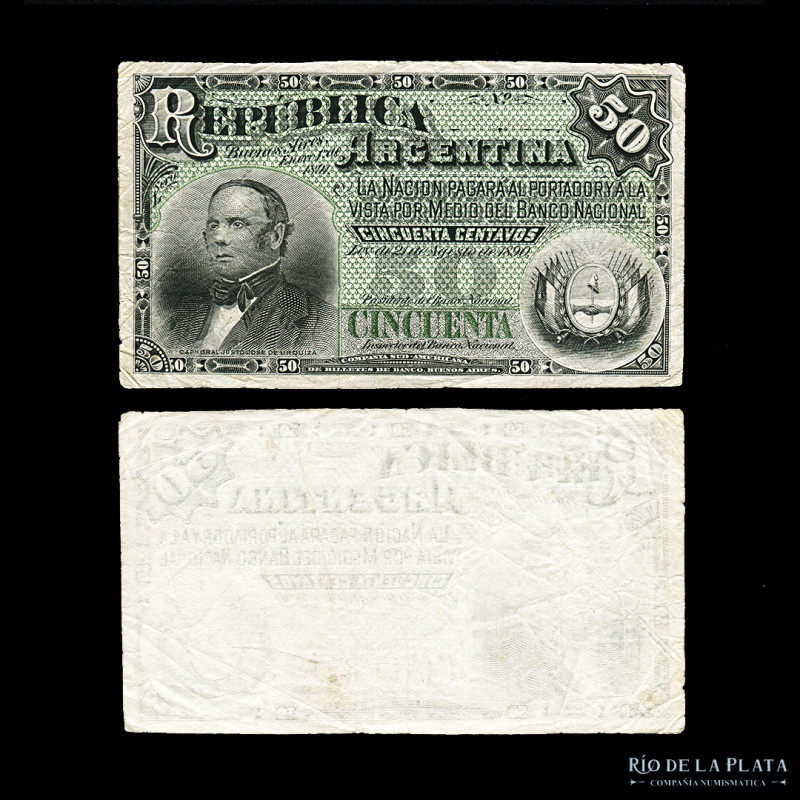 Argentina. Banco de la Nación. 1º Emisión. Ensayo 50 Centavos verde. Pick 212A (...