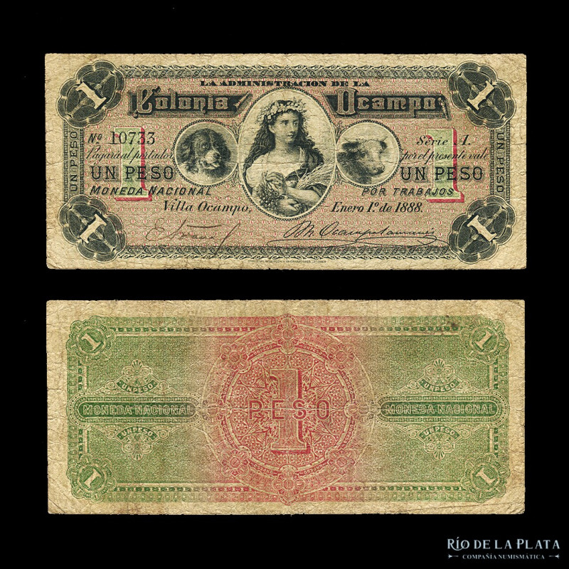 Argentina. Colonia Ocampo, Villa Ocampo. Vale 1 Peso 1888. Not in Bauman; Not in...