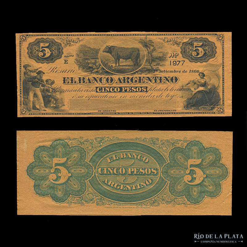 Argentina. Santa Fe, Rosario. El Banco Argentino. 5 Pesos Plata Boliviana 1866 R...