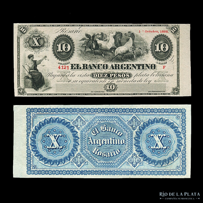 Argentina. Santa Fe, Rosario. El Banco Argentino. 10 Pesos Plata Boliviana 1866 ...