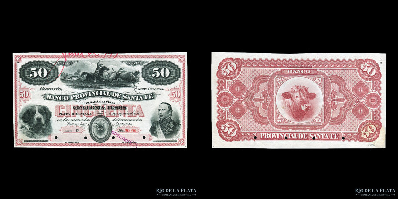 Argentina. Santa Fe. Banco Provincial de Santa Fe. 50 Pesos Plata Boliviana 1875...