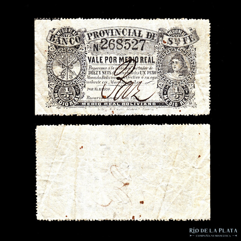 Argentina. Santa Fe. El Banco Provincial de Santa Fe. 1/2 Real 1875, 2º Emisión,...