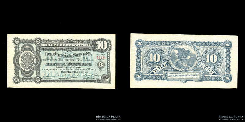 Argentina. Santa Fe. Billete de Tesorería. 10 Pesos 1890. Bauman-SFE 273; Pick S...