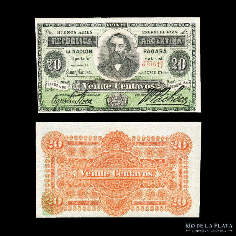 Argentina. Fraccionarios R-Lange. 20 Centavos 1884 (Mitre). Firmas: Roca - Pache...