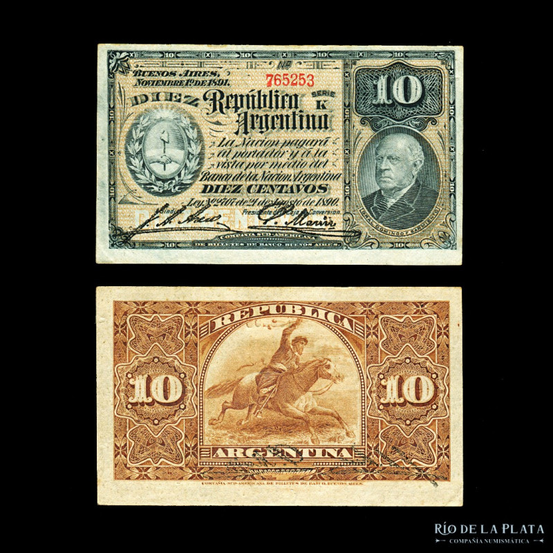 Argentina. Caja de Conversión - Fraccionarios. 10 Centavos 1896 (Sarmiento). Fir...