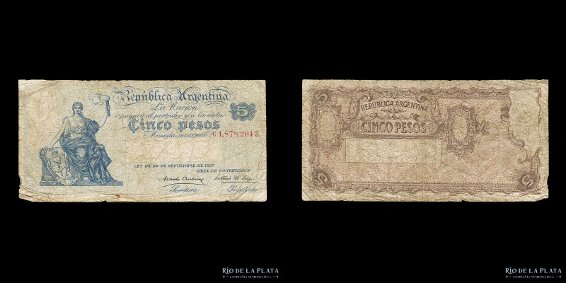 Argentina. Caja de Conversión, Signos. 5 Pesos 1904. Con signo antes y letra des...