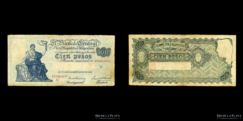 Argentina. Serie Progeso. 100 Pesos 1938. Firmas: Prebisch - Bosch. Col 436c; Bo...