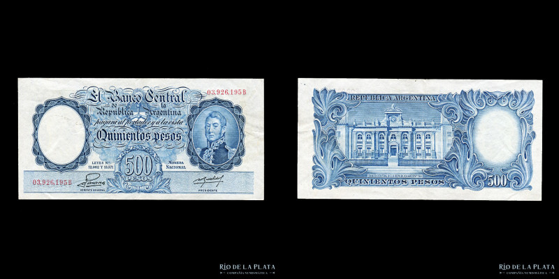 Argentina. BCRA Moneda Nacional San Martín jóven. 500 Pesos 1955. Números rojos....