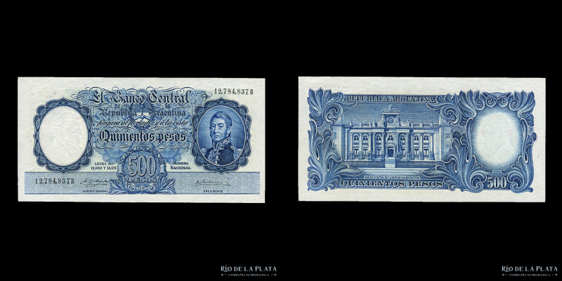 Argentina. BCRA Moneda Nacional San Martín jóven. 500 Pesos 1958. Números negros...