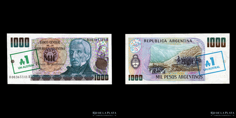 Argentina. 1000 Pesos Argentinos resello 1 Austral 1985 Reposición. Firmas: Alon...