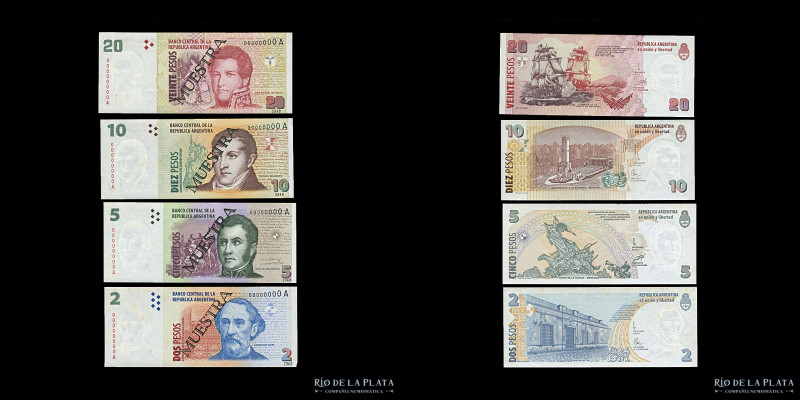 Argentina. Lote x 4 Muestras 2, 5, 10 y 20 Pesos Convertibles Serie A. 2º Diseño...