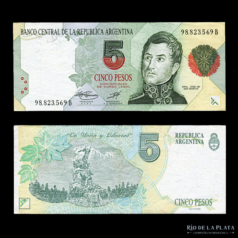 Argentina. 5 Pesos Convertibles 1996. 1º Diseño. Serie B. Firmas: Fernandez - Ru...