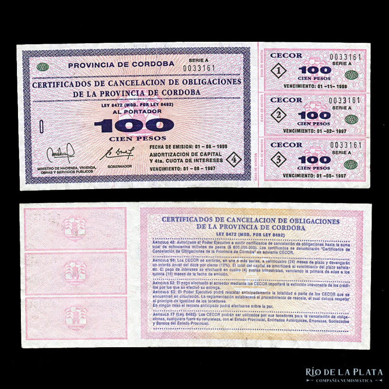 Argentina. Córdoba. Bono 100 Pesos 1995 CECOR. Col Bonos 271 (UNC)
Estimate: US...