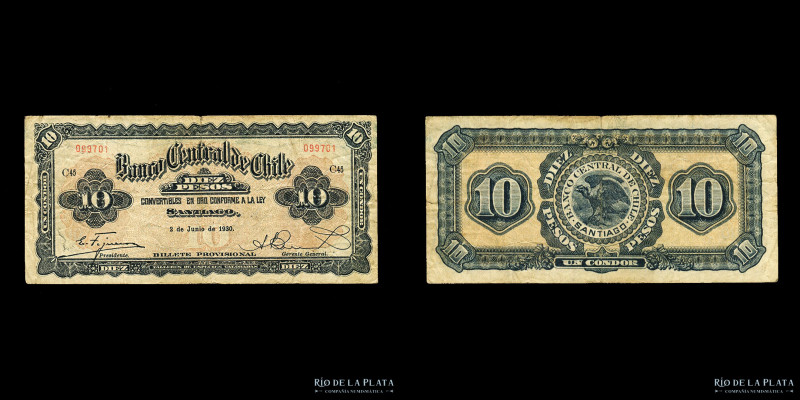 Chile. Billete Provisional. 10 Pesos 1930. Pick 83b (VF)
Estimate: USD 40-80