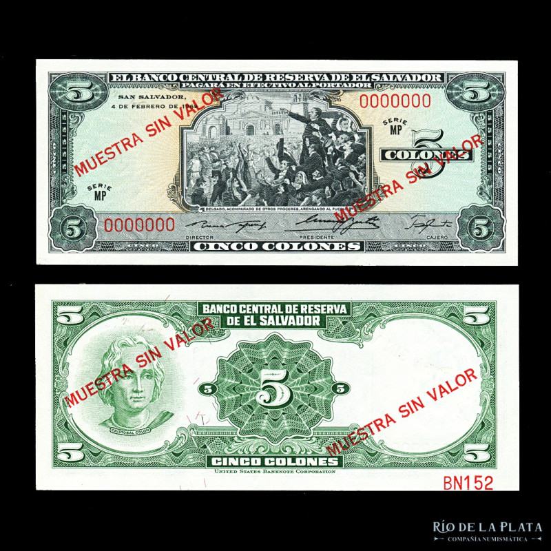 El Salvador. Specimen 5 Colones 1969. Sello de Muestra sin valor en rojo. Pick 1...