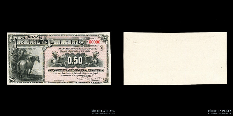 Paraguay. Banco Nacional. SPECIMEN 50 Centavos Fuertes 1886. Montado en cartulin...