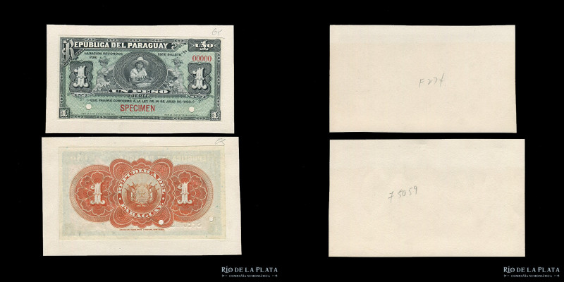 Paraguay. Banco Estatal. SPECIMEN 1 Peso Fuerte 1903, anverso y reverso, montado...