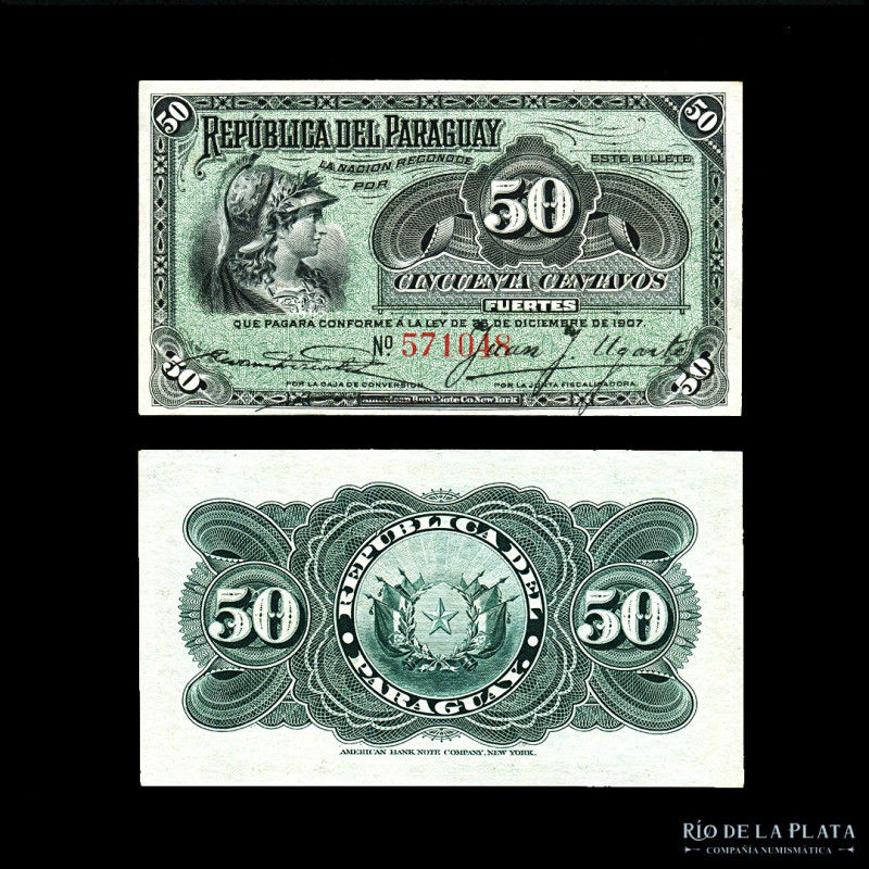 Paraguay. Banco Estatal. 50 Centavos Fuertes 1907. Firmas: Acosta - Ugarte. Impr...
