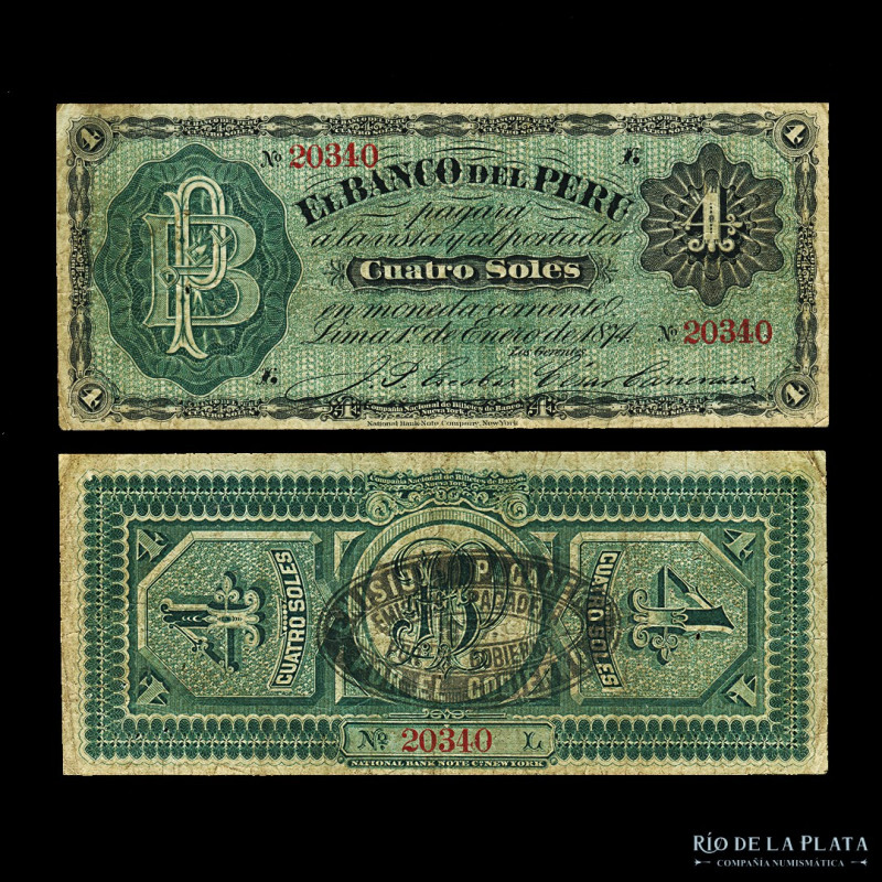 Perú. El Banco del Perú. 4 Soles 1874. Resello negro en reverso. Pick S364a (VF)...