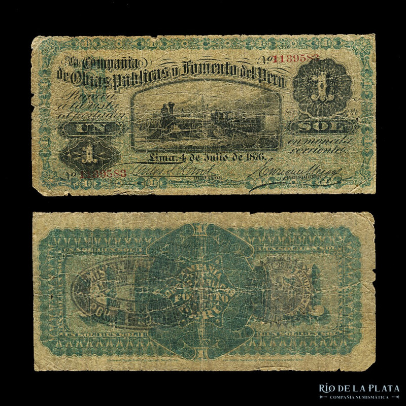 Perú. Compañía de Obras Públicas y Fomento. 1 Sol 1876. Resello en reverso. Pick...