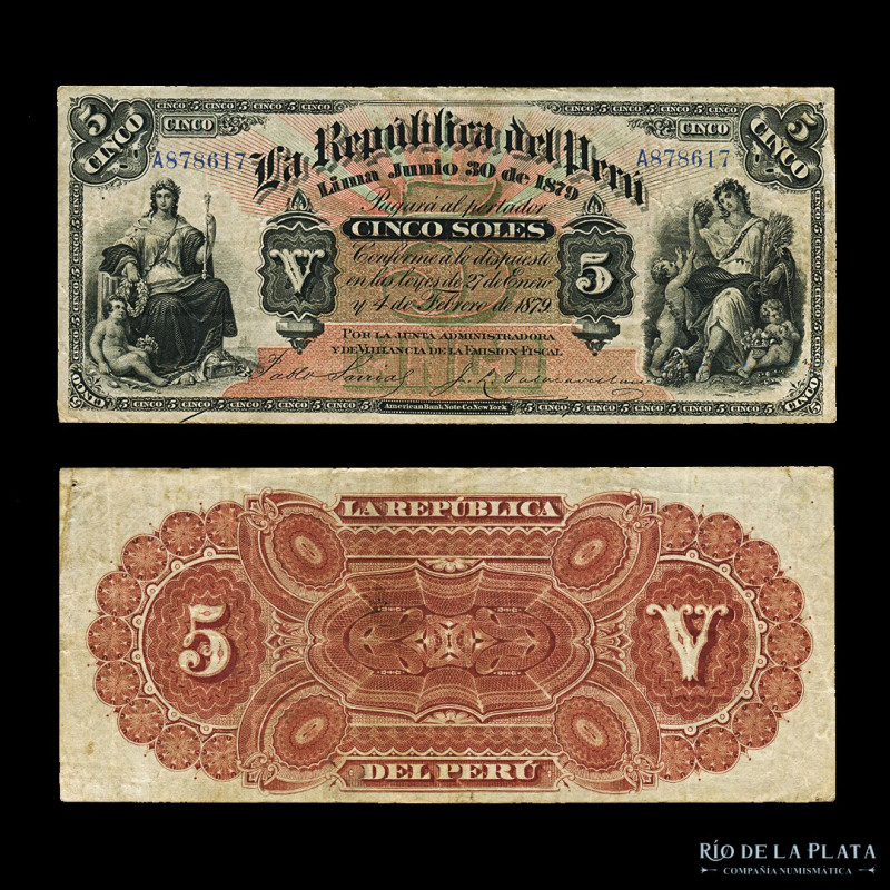 Perú. Junta Administradora. 5 Soles 1879. Impreso en ABNC. Pick 4 (VF+)
Estimat...