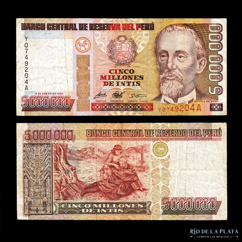 Peru. 5 Millones de Intis 1990. Serie YA. Reposición. P149* (VF)
Estimate: USD ...