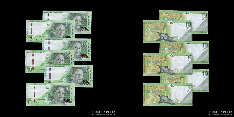 Perú. x10 Soles 2019. Todas las series: AA; AB; AC; AD; AE y AF. Pick 196 (Todos...