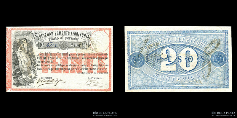 Uruguay. Sociedad Fomento Territorial (Montevideo) 20 Pesos 1868. Pick S482 (aUN...