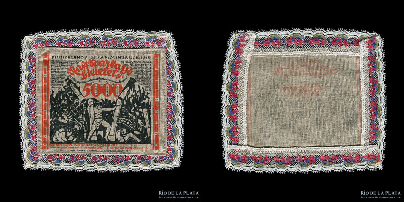 Alemania. Notgeld Bielefeld 5.000 Mark 1923. Notgeld de tela con borde de puntil...