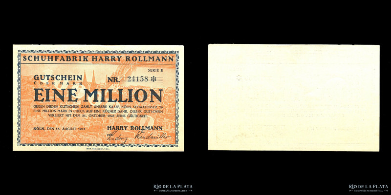 Alemania. Köln Notgeld 1 Million Mark 1923. Schuhfabrik Harry Rollman (Fábrica d...