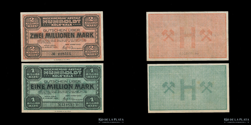 Alemania. Köln-Kalk Notgeld 1 y 2 Millionen Mark 1923. Maschinenbau - Anstalt (I...