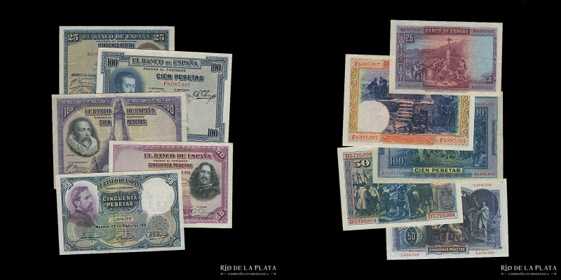 España. Lote x 5 Billetes: Banco de España 25, 50 (2) y 100 (2) Pesetas. 1928 a ...
