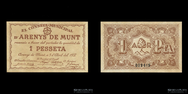 España. Guerra Civil. Arenys de Munt. 1 Peseta 1937. aUNC
Estimate: USD 20-40