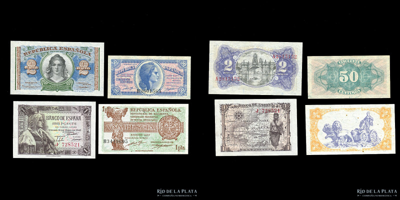 España. Lote x 4 Billetes: 50 Centésimos, 1 y 2 Pesetas. 1938 a 1945. Todos UNC...